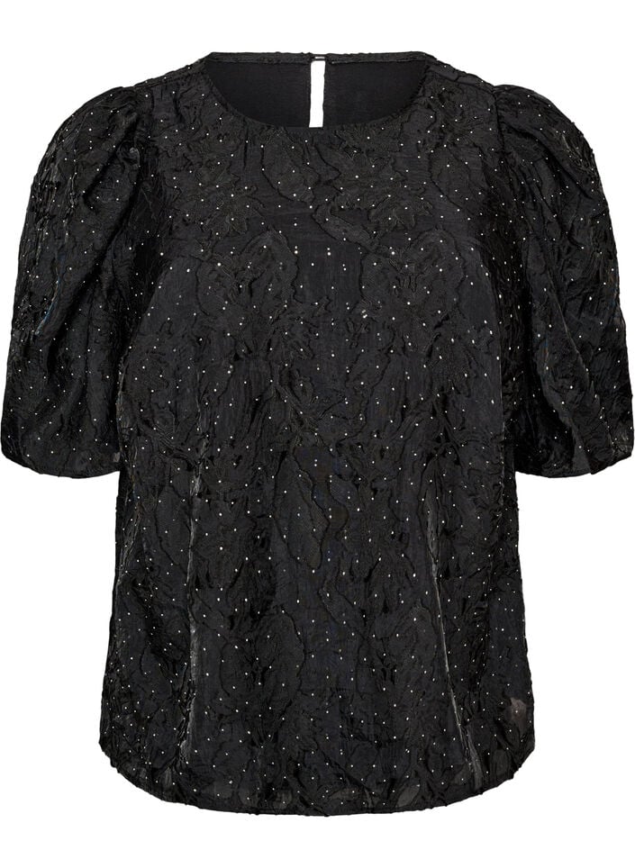Jacquard blouse with sparkly details and puff sleeves, Black, Packshot image number 0