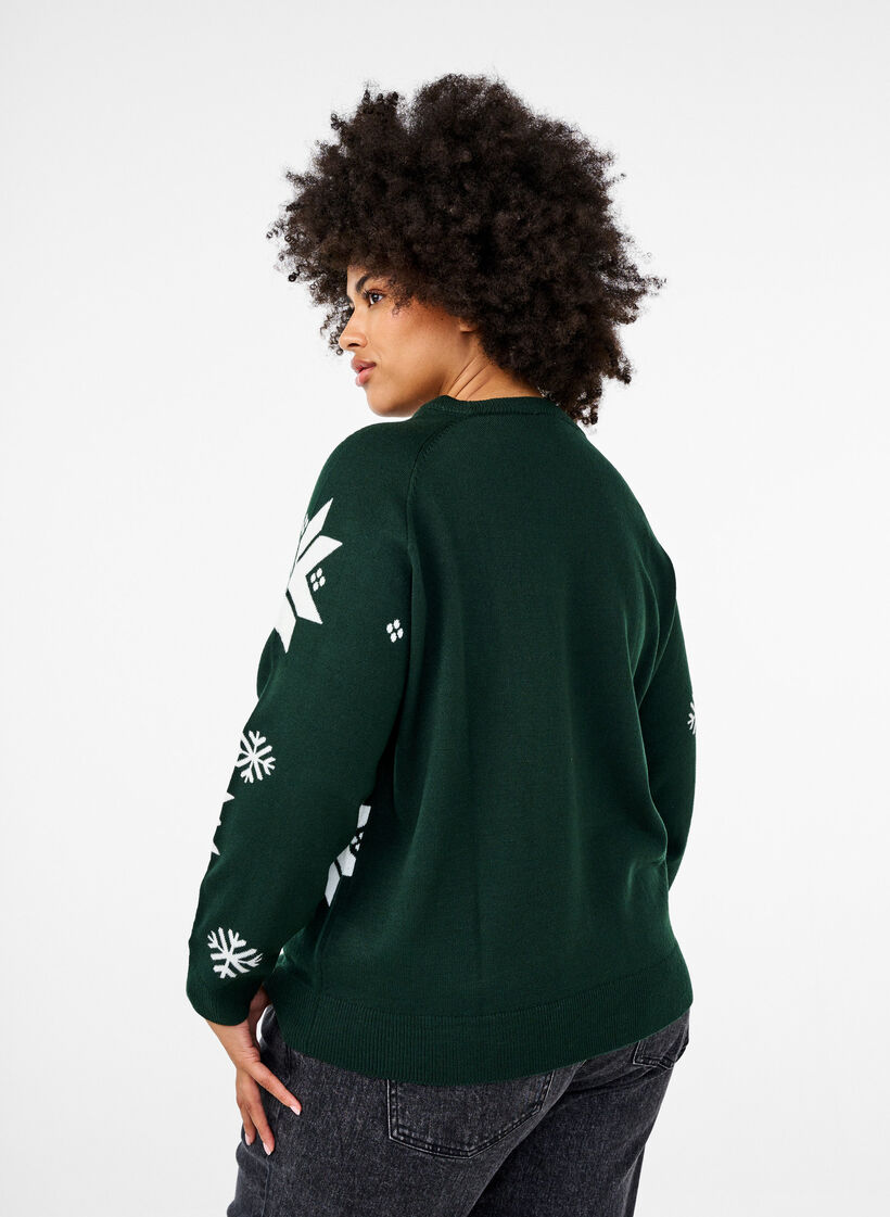 Knitted jumper with snowflakes, Green, Model image number 2