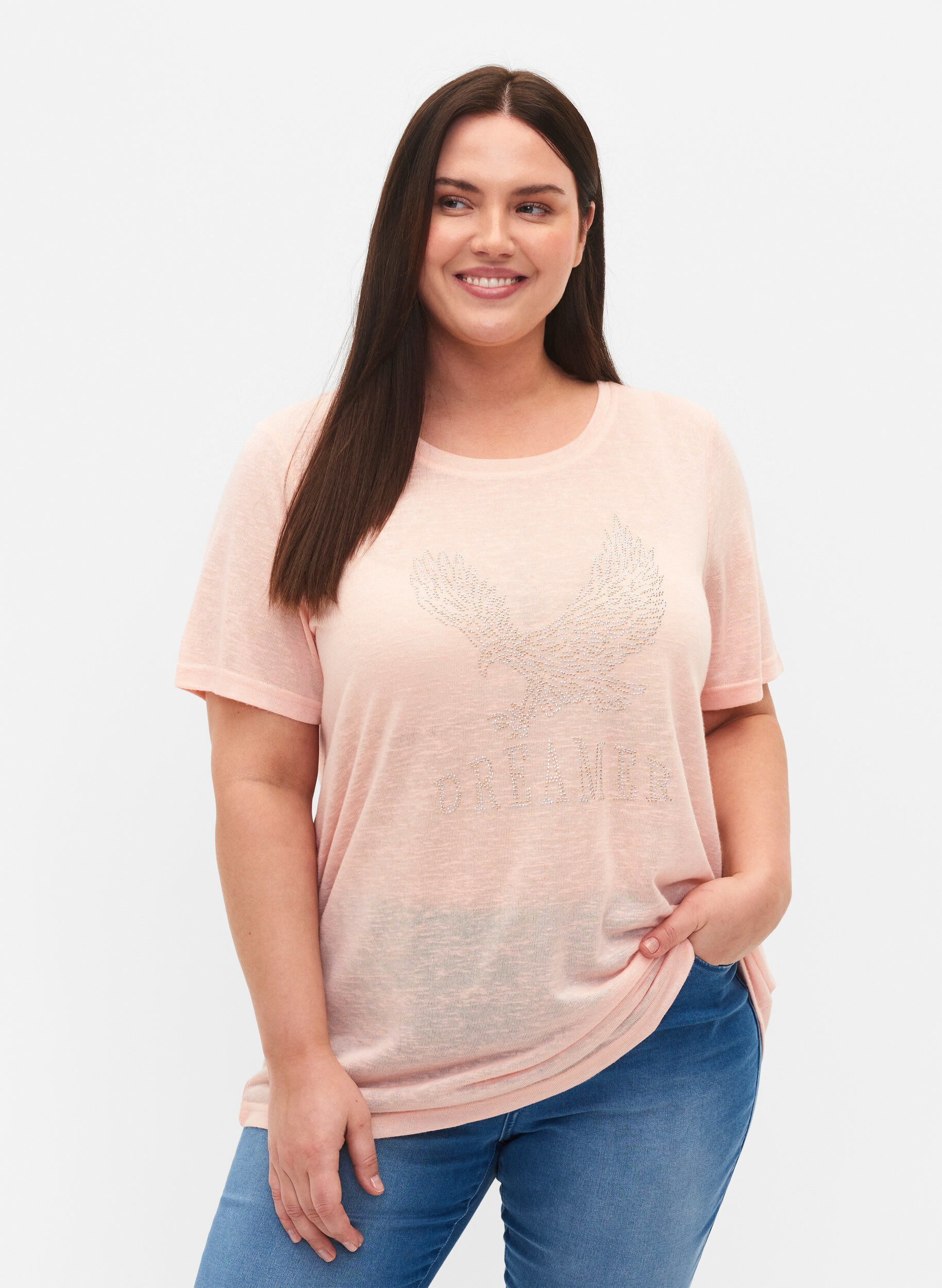 Zizzifashion T-shirt with studs and round neck, Pale Blush, Model image number 0