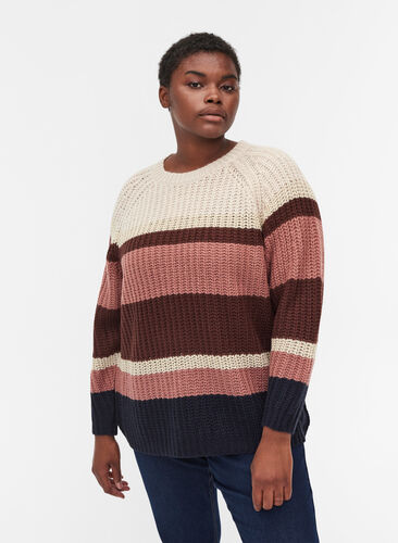 Loose, striped knitted sweater with rounded neckline - Beige - Sz. 42-60 -  Zizzifashion