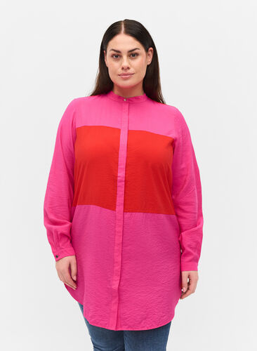 Long colour-block shirt, Pink Red Block, Model image number 0