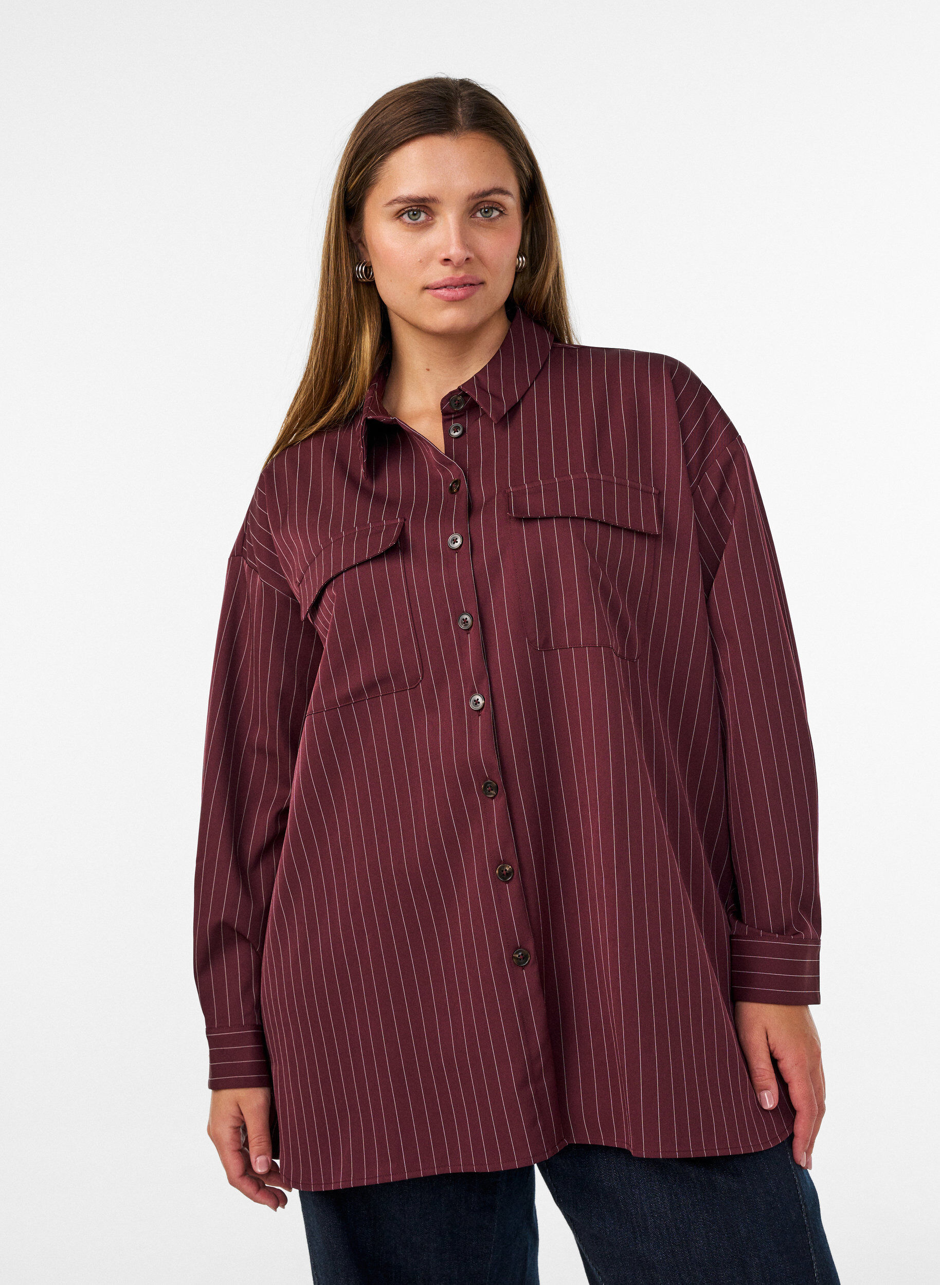 ZizzifashionPinstripe shirt with chest pockets, Red, Model image number 0