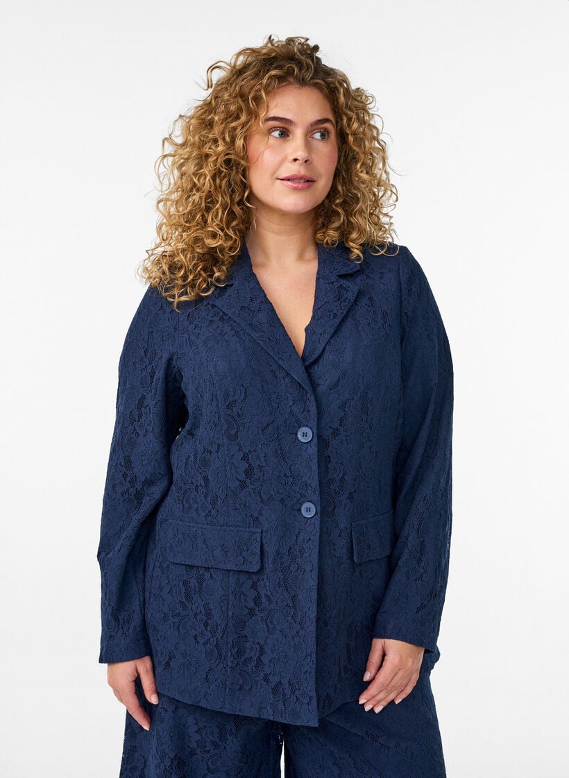 Lace blazer with button closure, Blue, Model image number 0