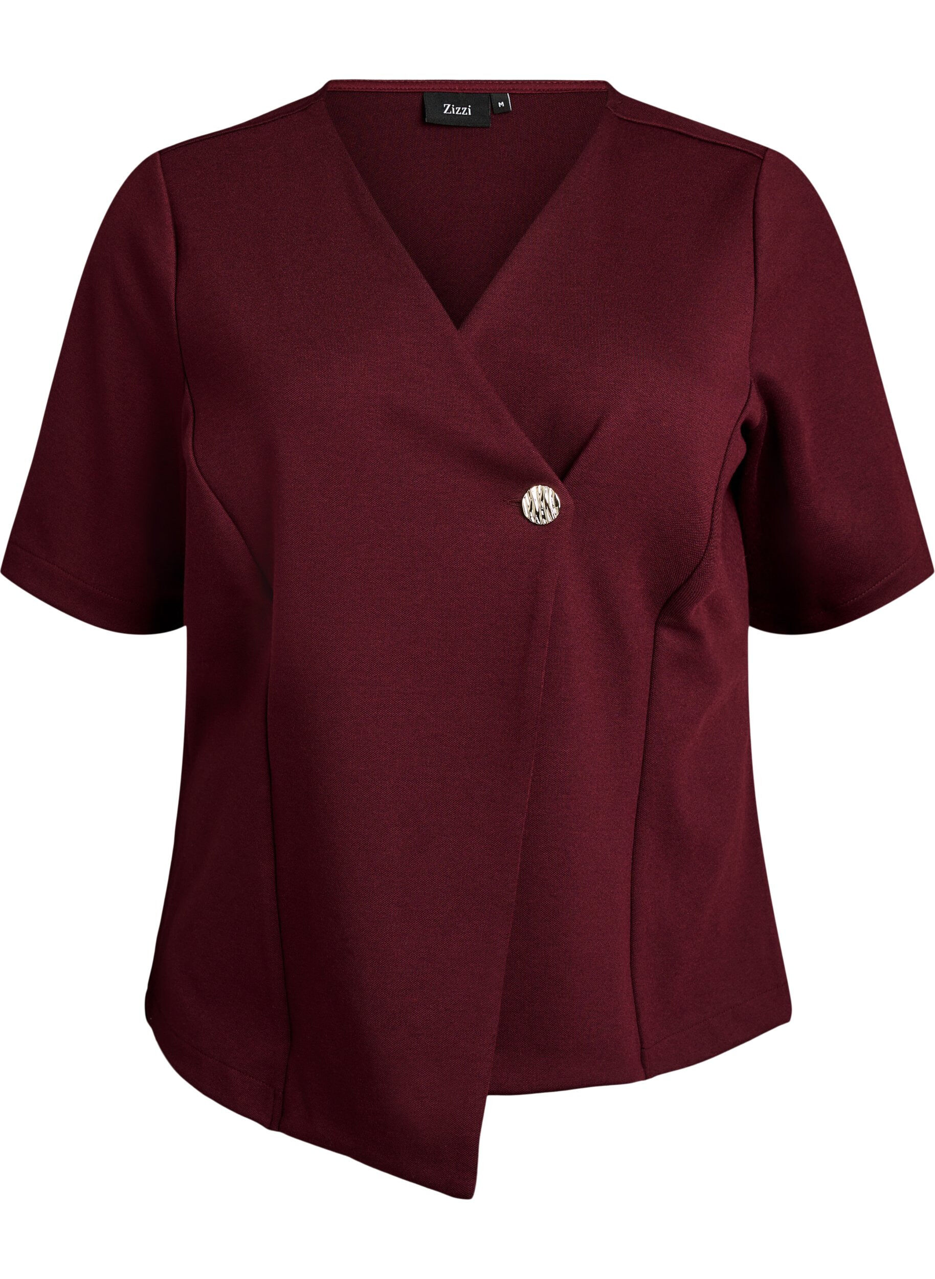 Blouse with asymmetric wrap effect and short sleeves - Red - Sz. M