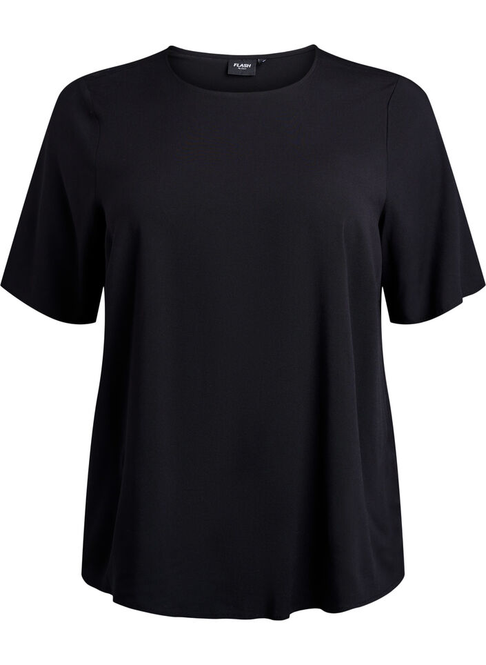Short-sleeved woven blouse with round neck, Black, Packshot image number 0
