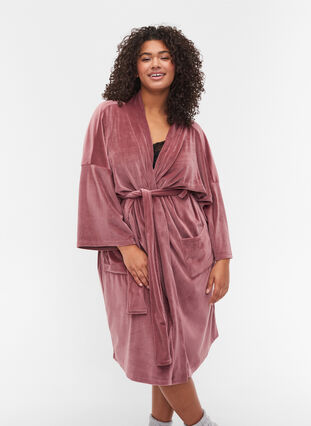 3/4-sleeved bathrobe with pockets, Rose Brown, Model image number 0