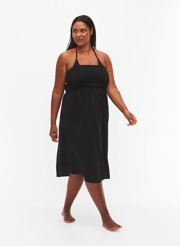 Beach dress in viscose with smock top, Black, Model image number 0