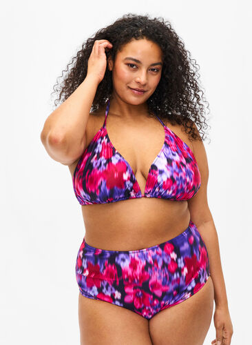Bikini bottom with print and high waist, Pink Flower AOP, Model image number 0