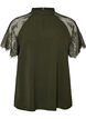 Blouse with short lace sleeves and high neck, Green, Packshot image number 0