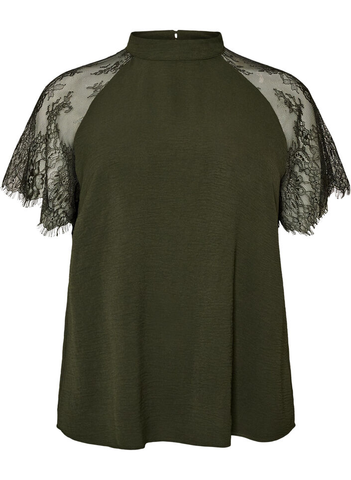 Blouse with short lace sleeves and high neck, Green, Packshot image number 0