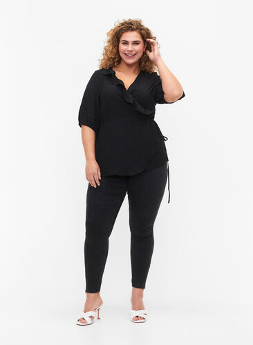 Wrap blouse in viscose with 1/2 sleeves, Black, Model image number 2