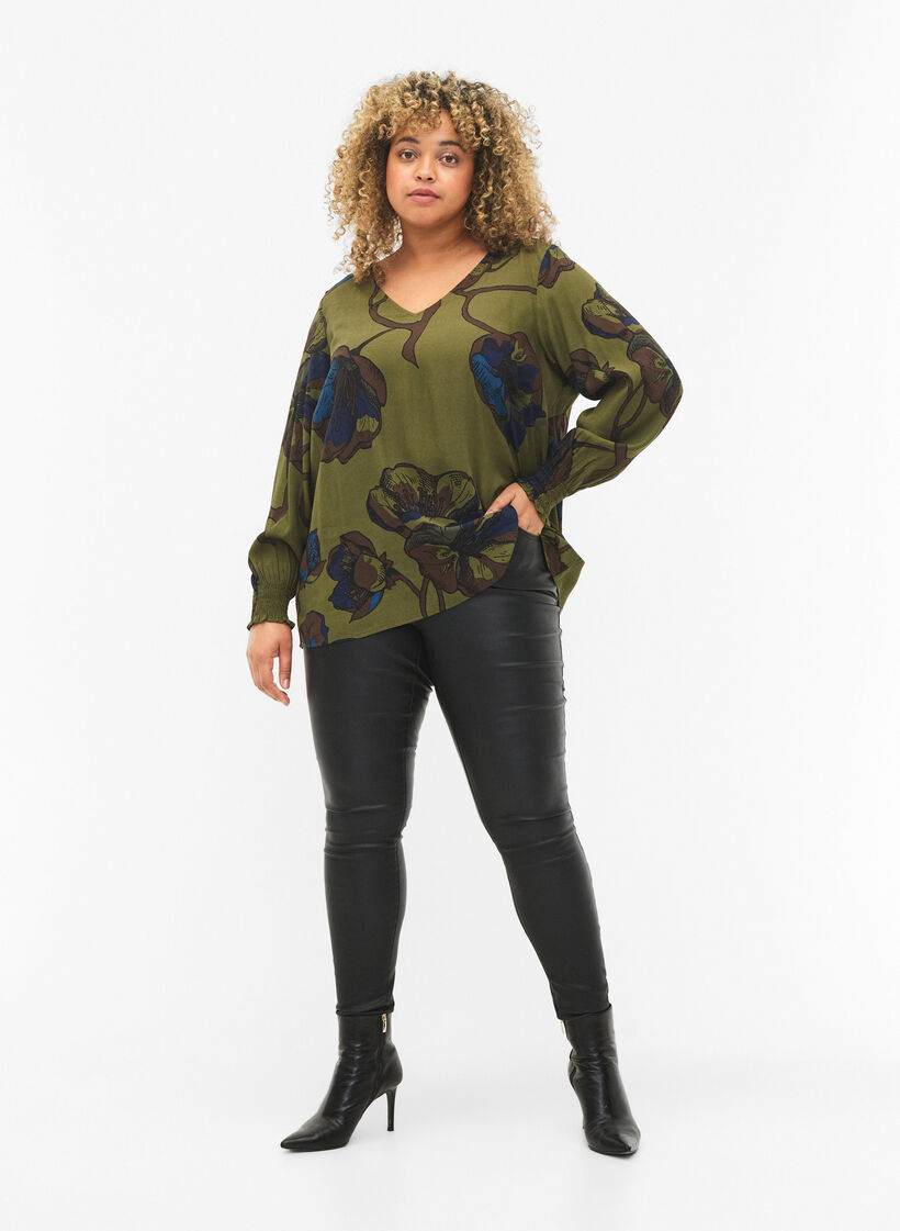 Long sleeved viscose blouse with floral print	, Green Big Flower, Model image number 2