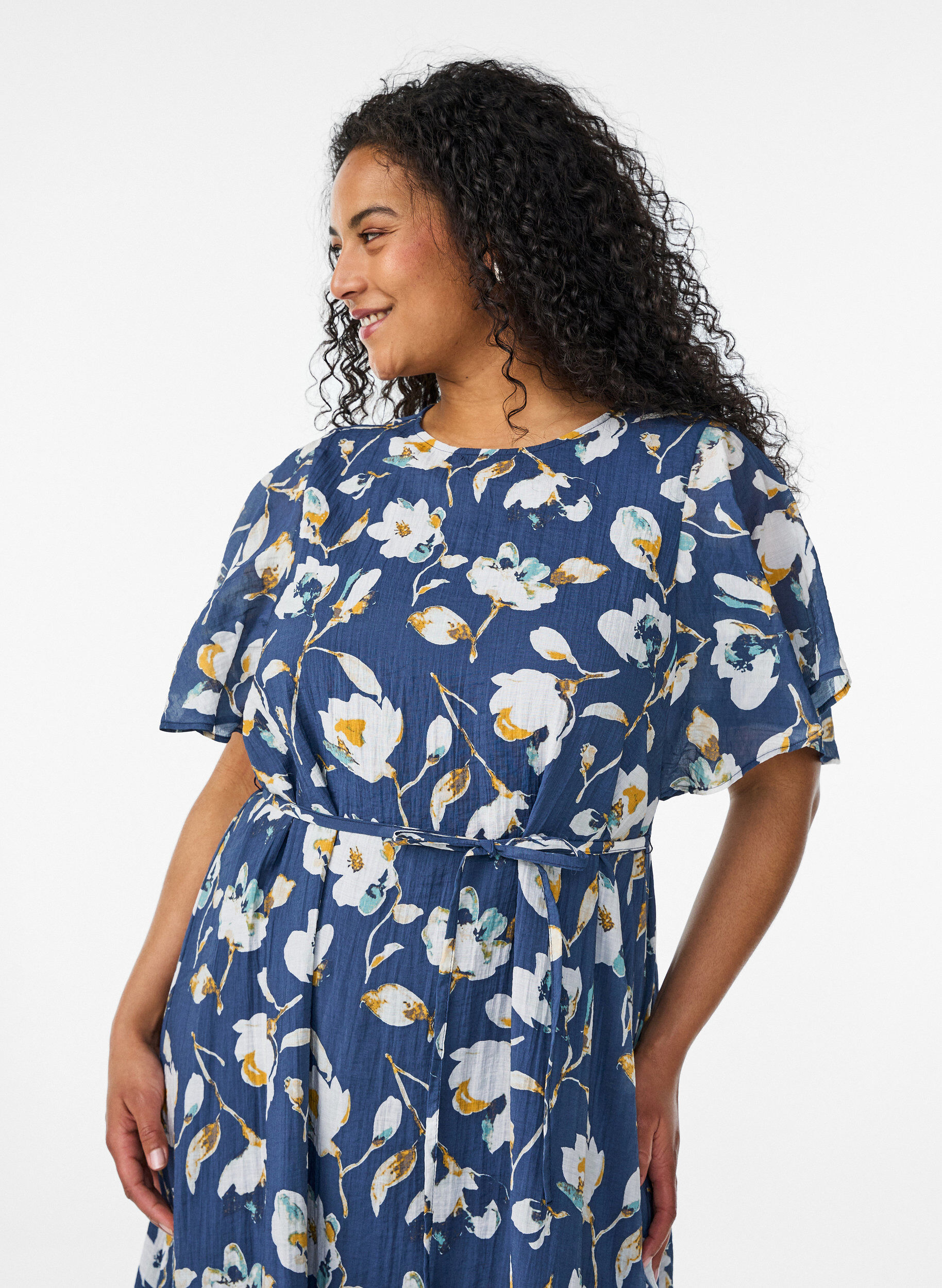 ZizzifashionAnkle-length dress with flutter sleeves and tie-waist, Blue, Model image number 2