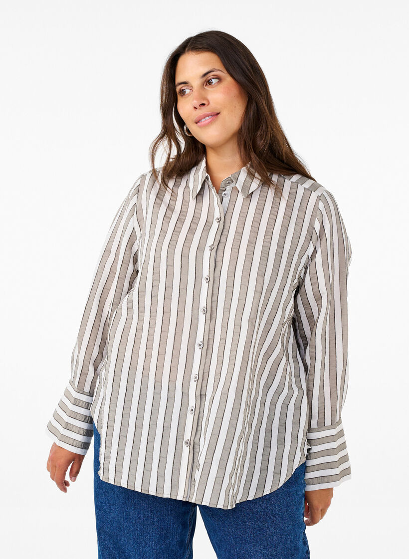 Loose shirt with stripes, Beige, Model image number 0