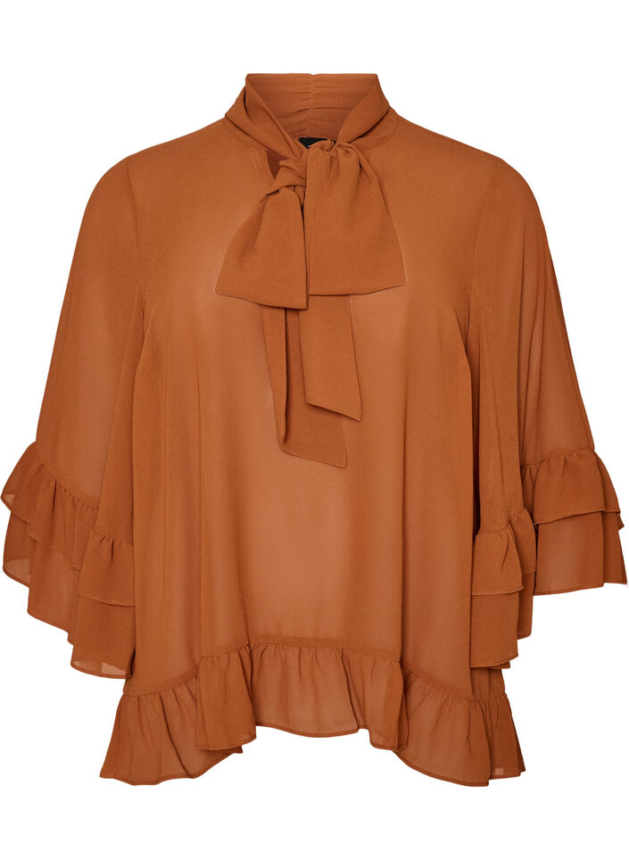 Blouse with ribbon tie and ruffle details, Brown, Packshot image number 0