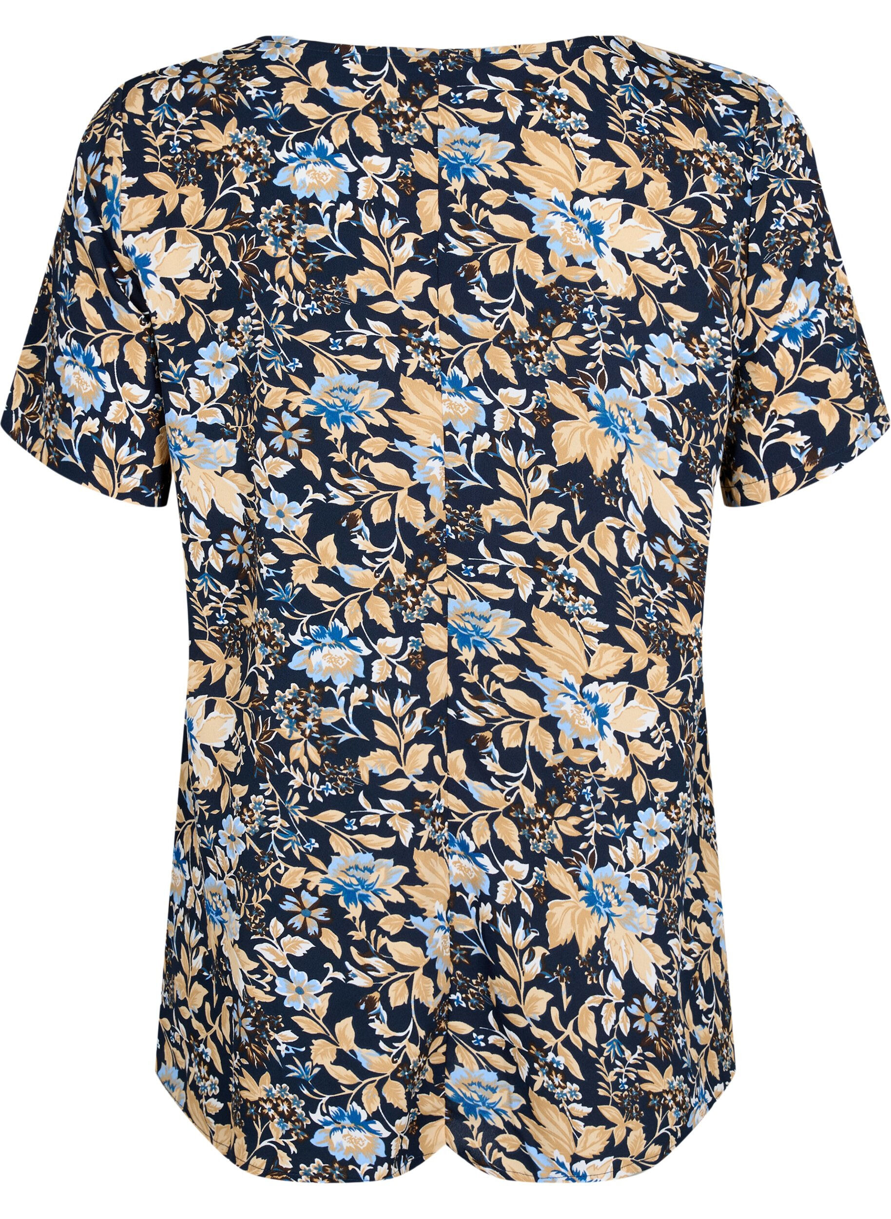 Zizzifashion FLASH - Blouse with short sleeves and print, Brown Blue Flower, Packshot image number 1
