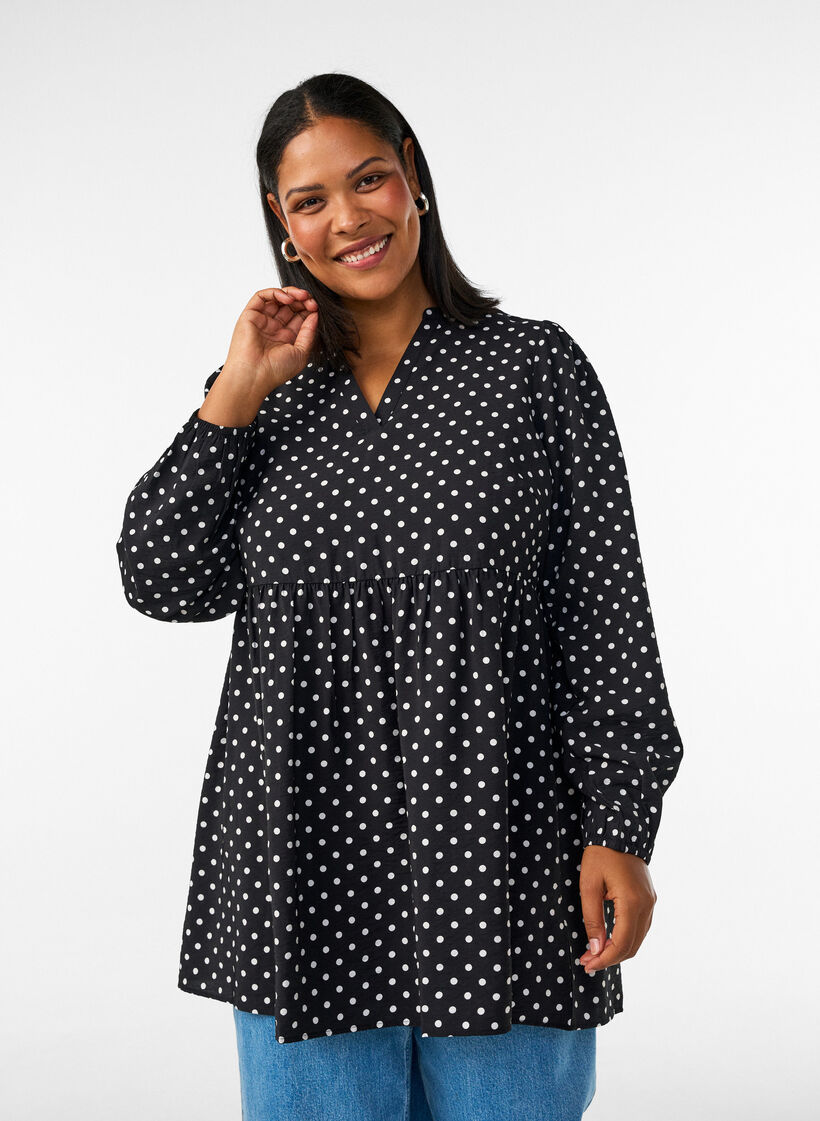 Polka dot tunic with empire line and A-line shape, Black, Model image number 0