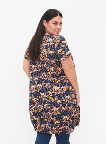 Short-sleeved, printed cotton dress, Blue Orange Flower, Model image number 1