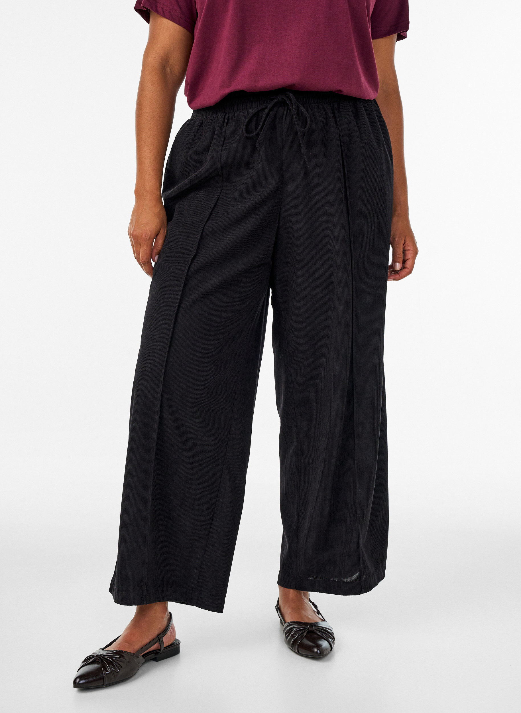 ZizzifashionCorduroy trousers with wide legs and a high waist, Black, Model image number 2