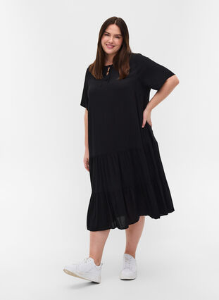 Short sleeve viscose dress with print, Black, Model image number 2