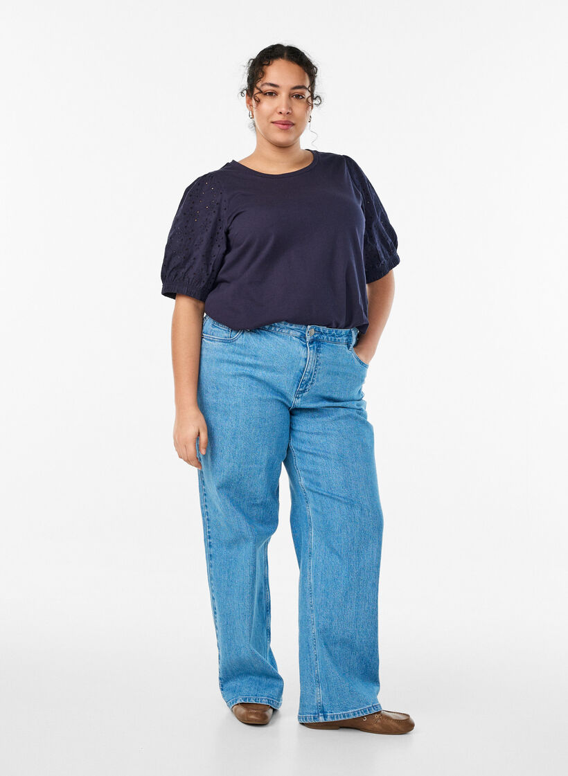 T-shirt with broderie anglaise sleeves, Blue, Model image number 1