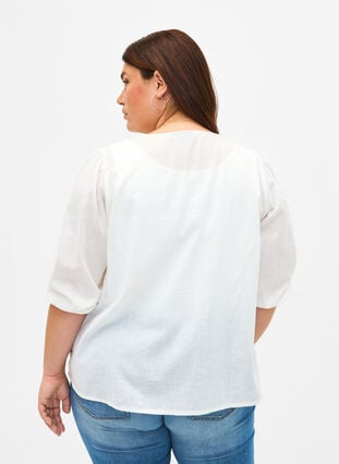 3/4 sleeve cotton blouse in a cotton blend with linen, Bright White, Model image number 1