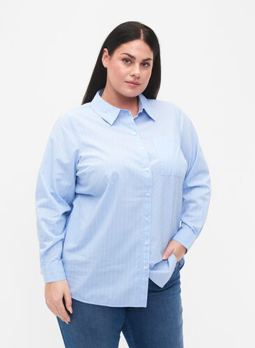Shirt in cotton blend, Blue w. White Stripe, Model image number 0