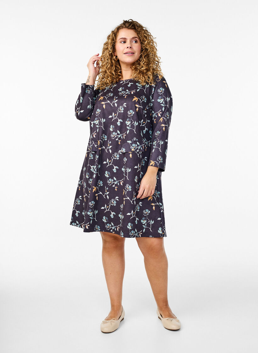 FLASH - Short A-line dress with 7/8 sleeves, Black, Model image number 1