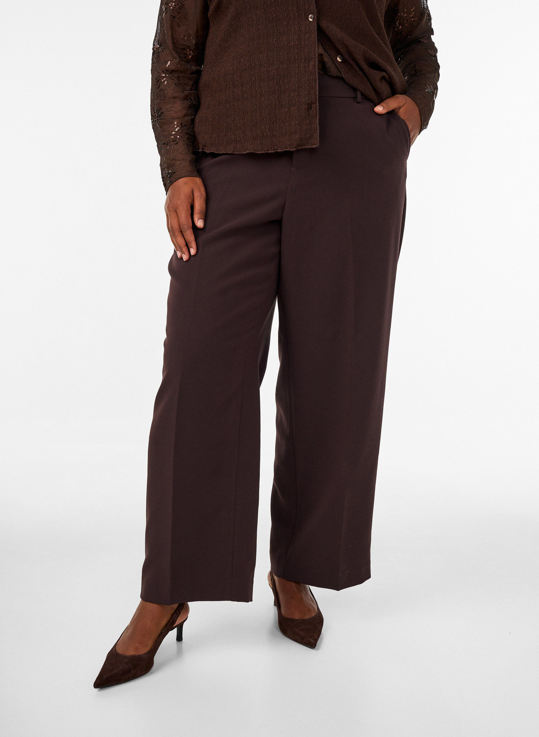 ZizzifashionTailored trousers with wide legs and high waist, Brown, Model image number 2