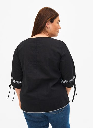 Embroidered blouse in cotton blend with linen, Black W. EMB, Model image number 1