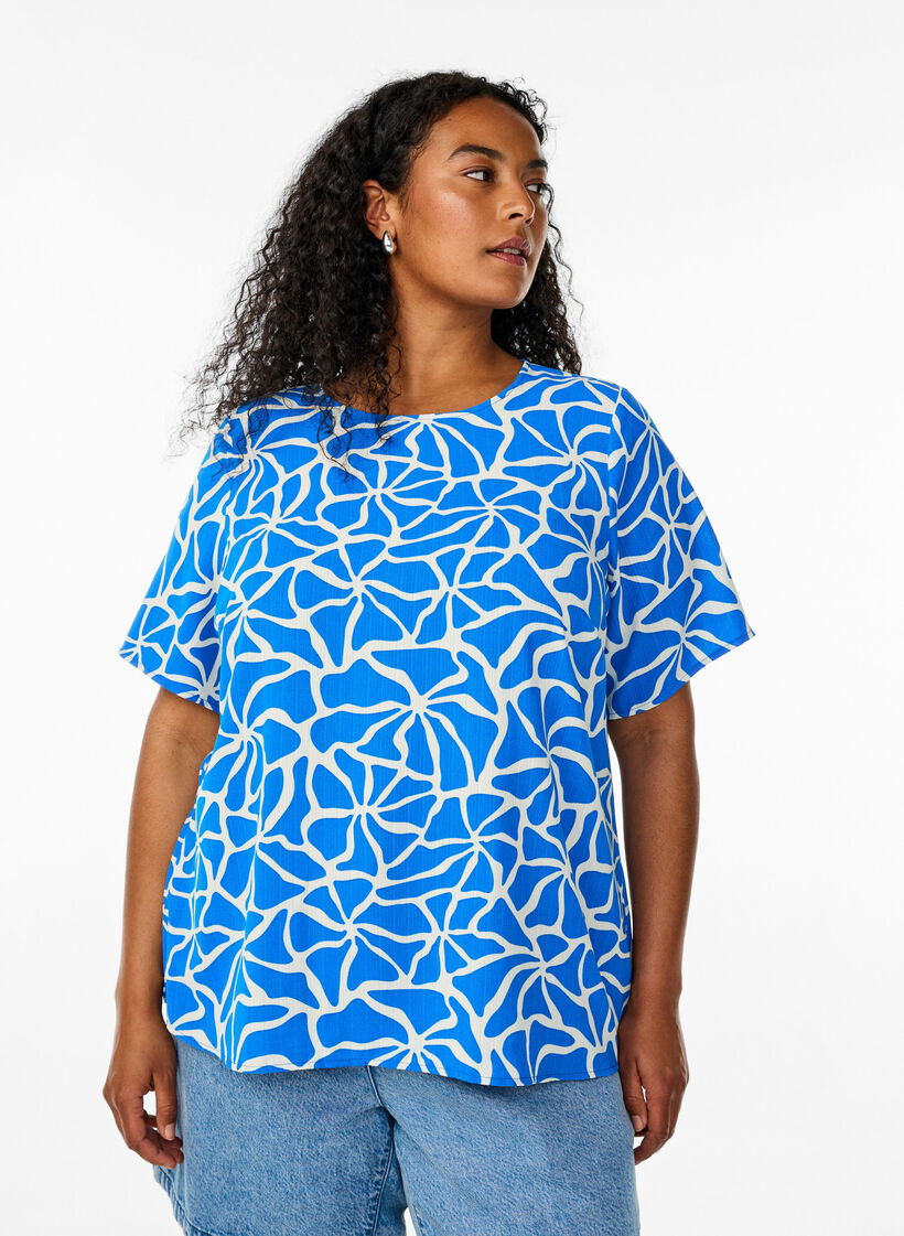 Short-sleeved blouse with round neck, Blue, Model image number 0