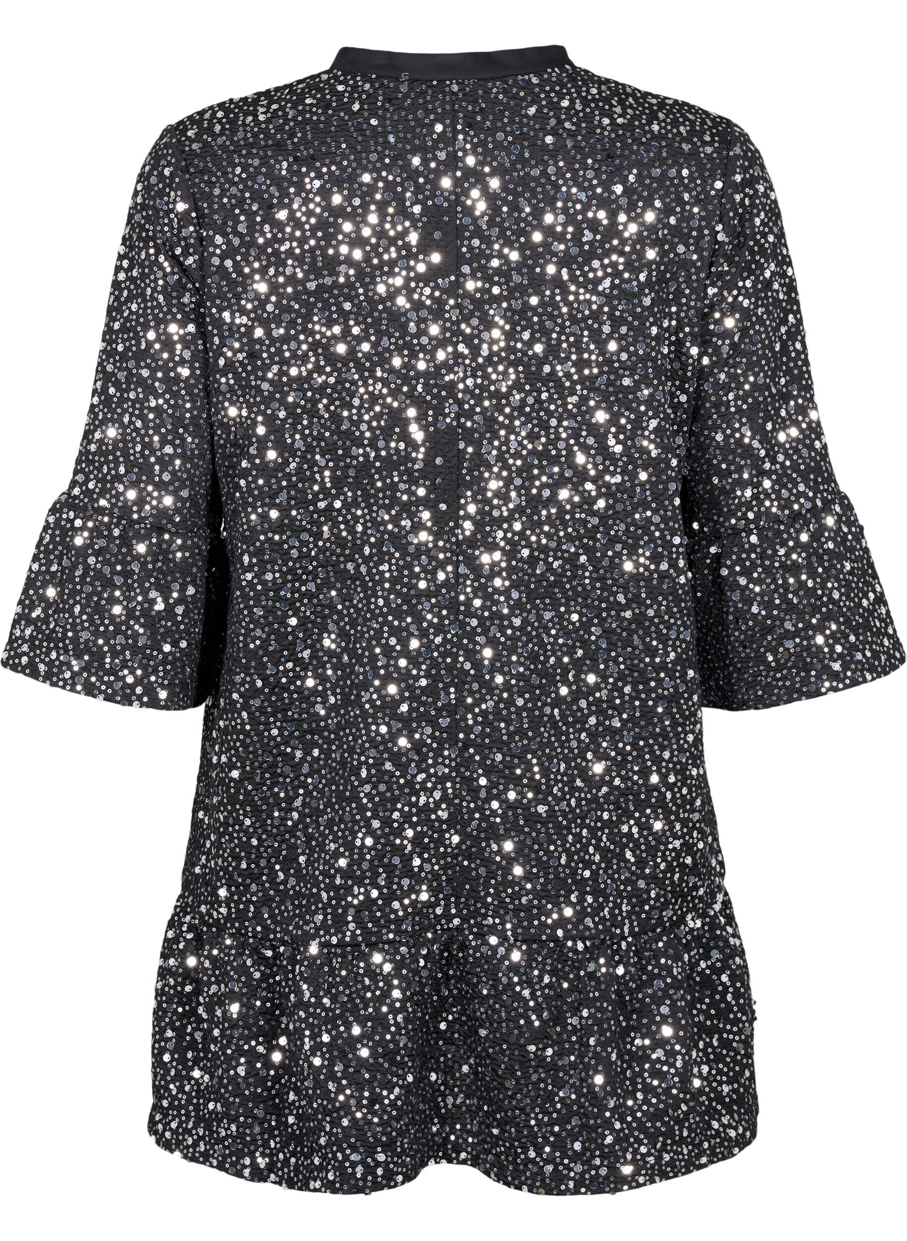Zizzifashion Sequin dress with a V-neck and 3/4 sleeves, Black w. Sequins, Packshot image number 1