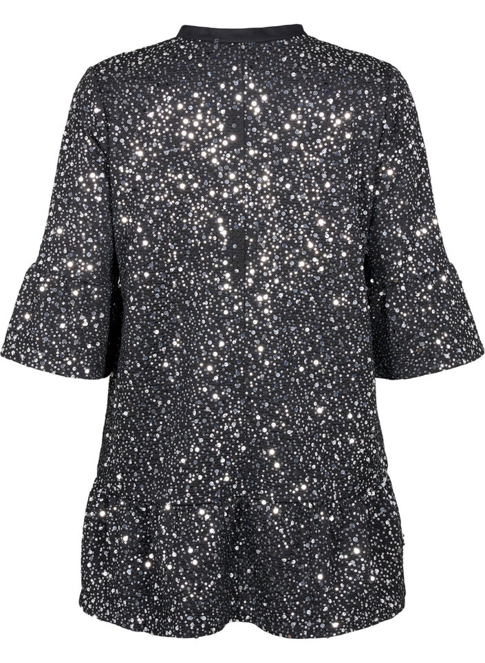 Sequin dress with a V-neck and 3/4 sleeves, Black w. Sequins, Packshot image number 1