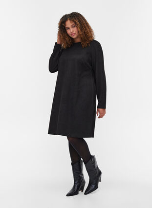 Plain 3/4 sleeve dress with rounded neckline, Black, Model image number 2