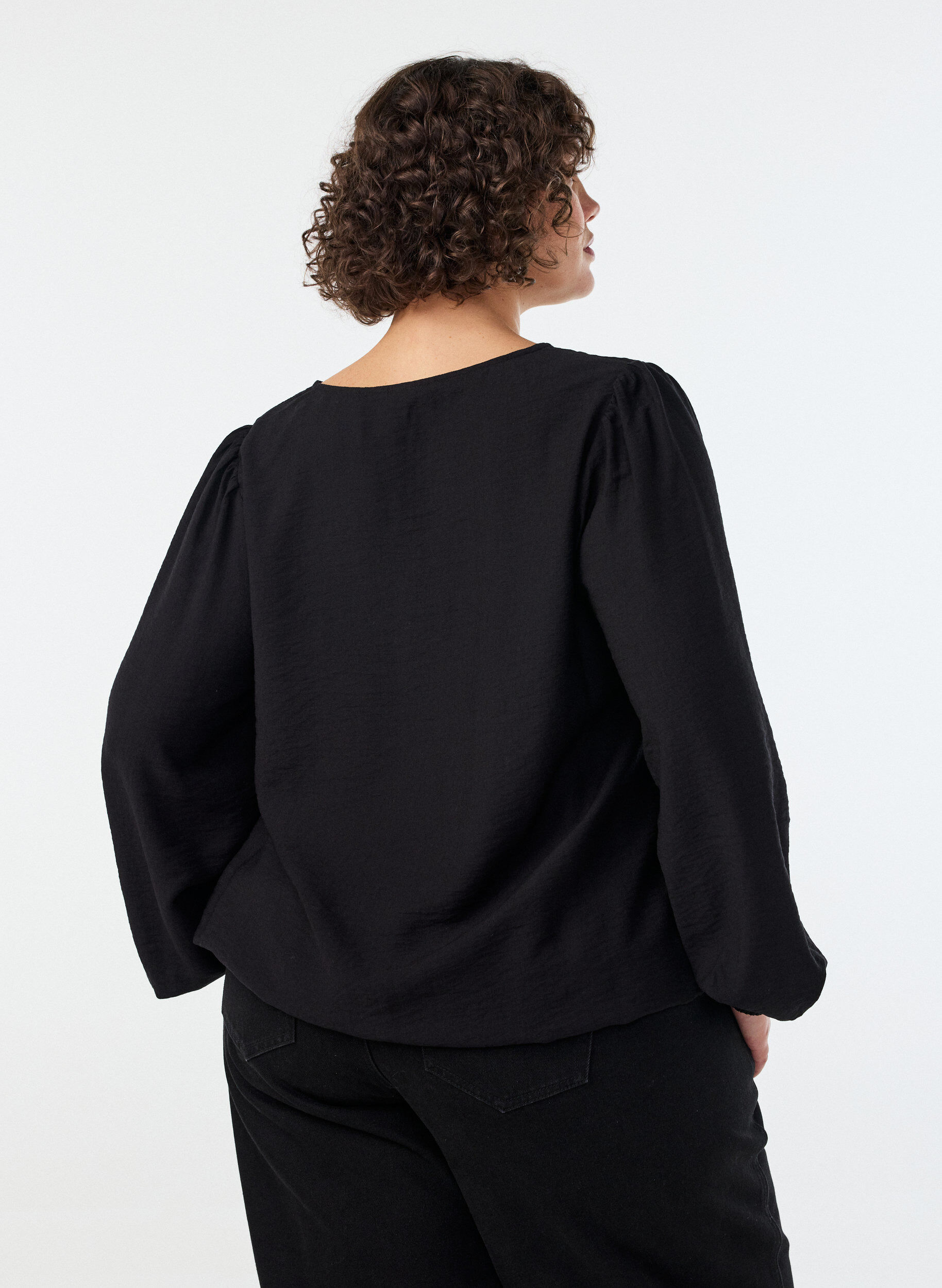 ZizzifashionViscose blouse with V-neck and balloon silhouette, Black, Model image number 2