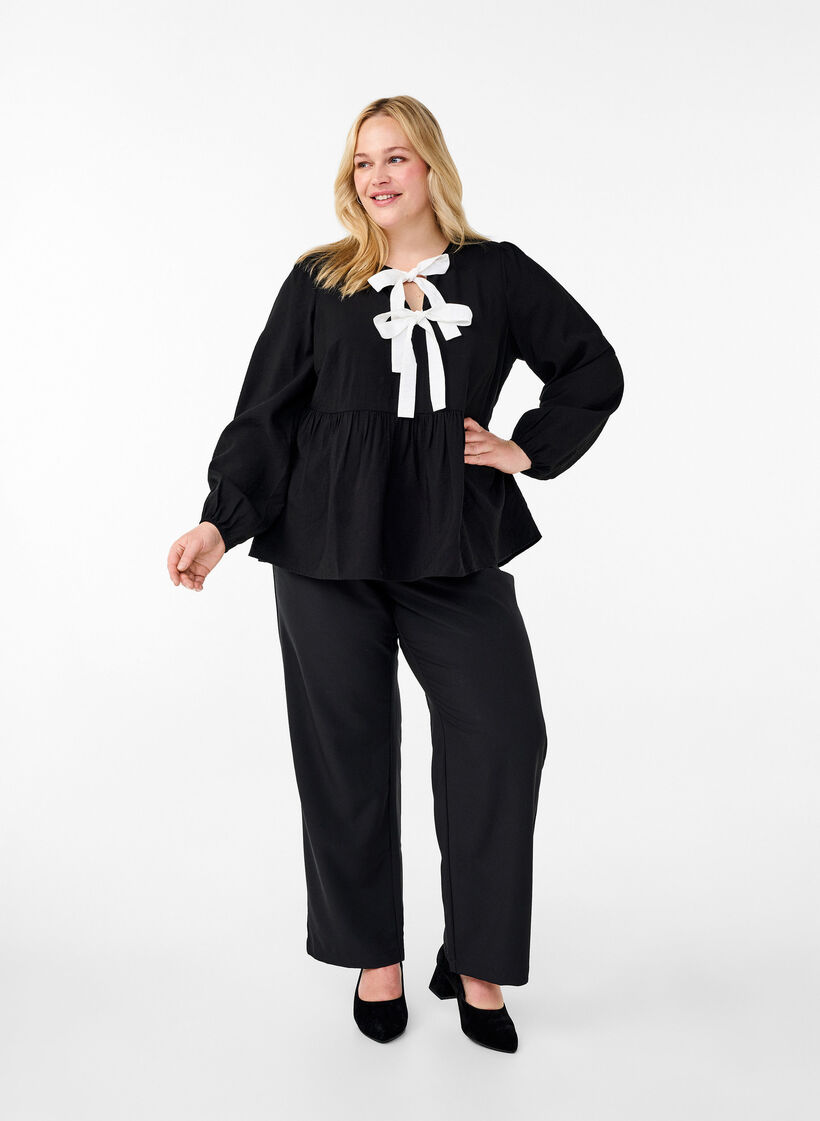 Viscose blouse with bows and long sleeves, Black White Bow, Model image number 2