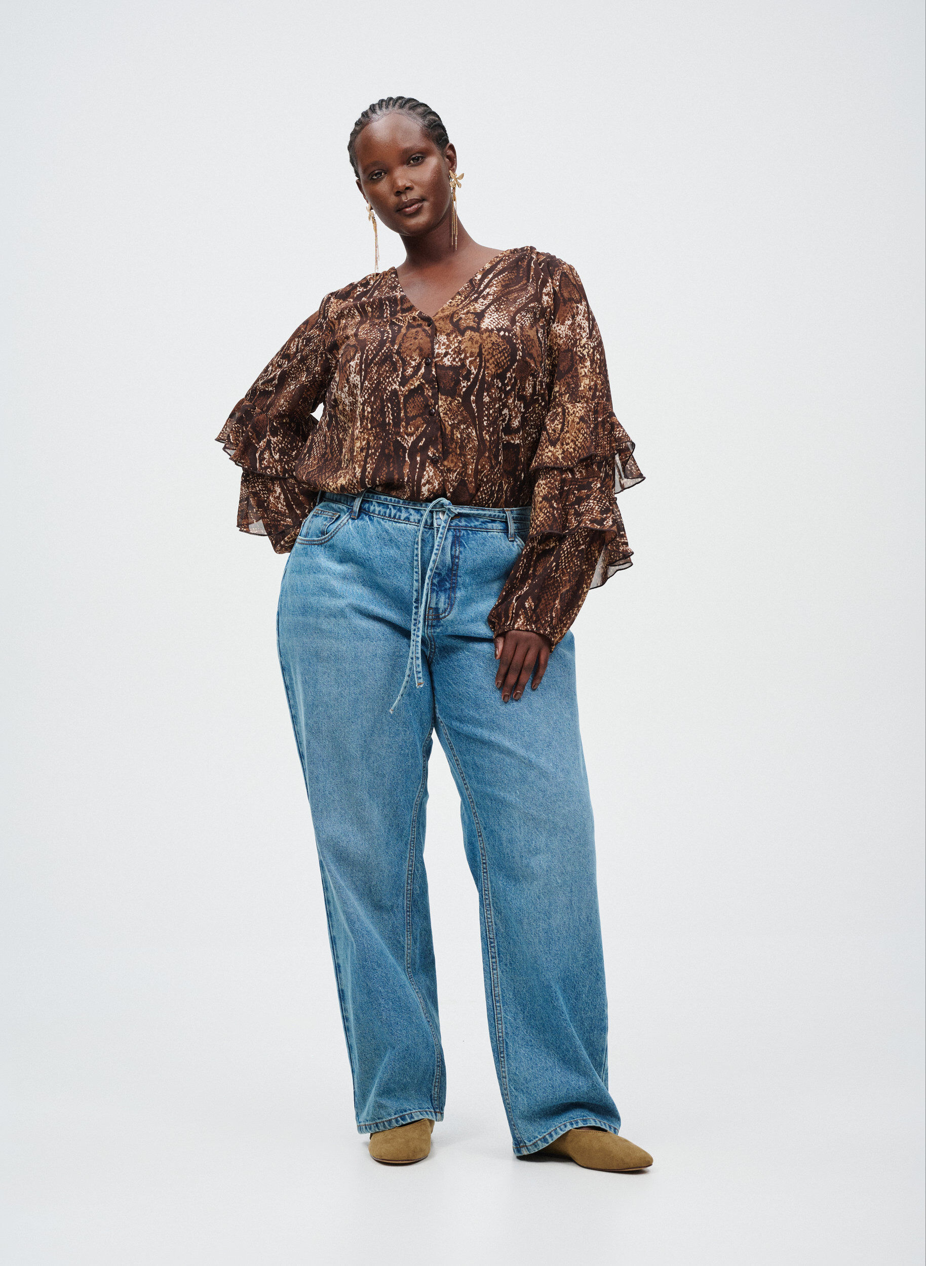 Zizzifashion Blouse with animal print and ruffles, Brown, Image image number 0