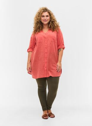 Long shirt with 3/4 sleeves and v-neckline, Hot Coral, Model image number 2