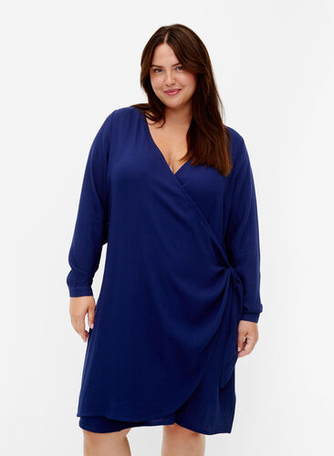 Long sleeve viscose dress with a wrap look, Medieval Blue, Model image number 0
