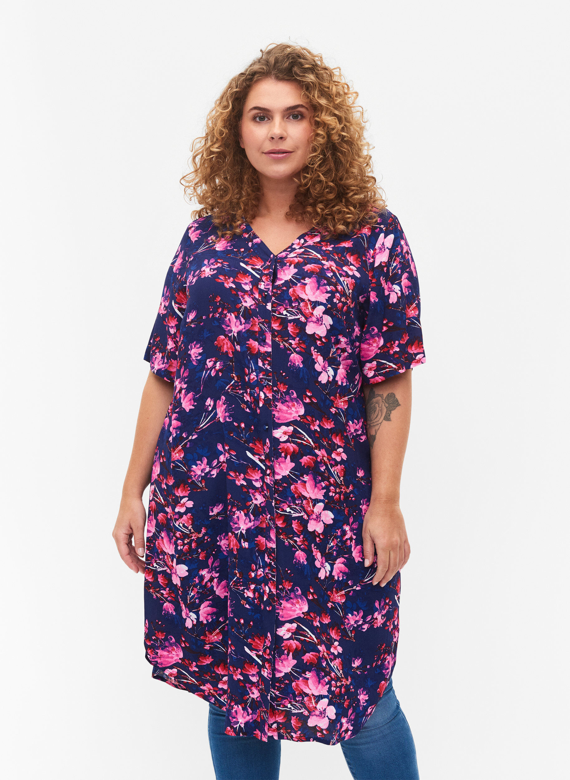 Zizzifashion Viscose midi dress with floral print, B. Blue Pink Flower, Model image number 0