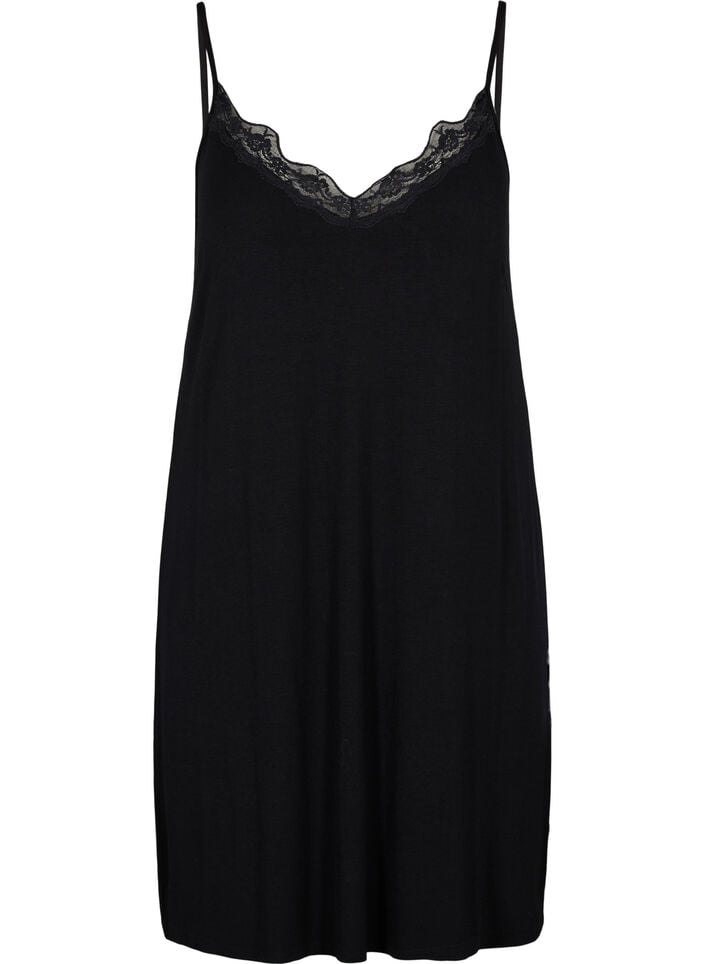 Viscose nightgown with lace trim, Black, Packshot image number 0