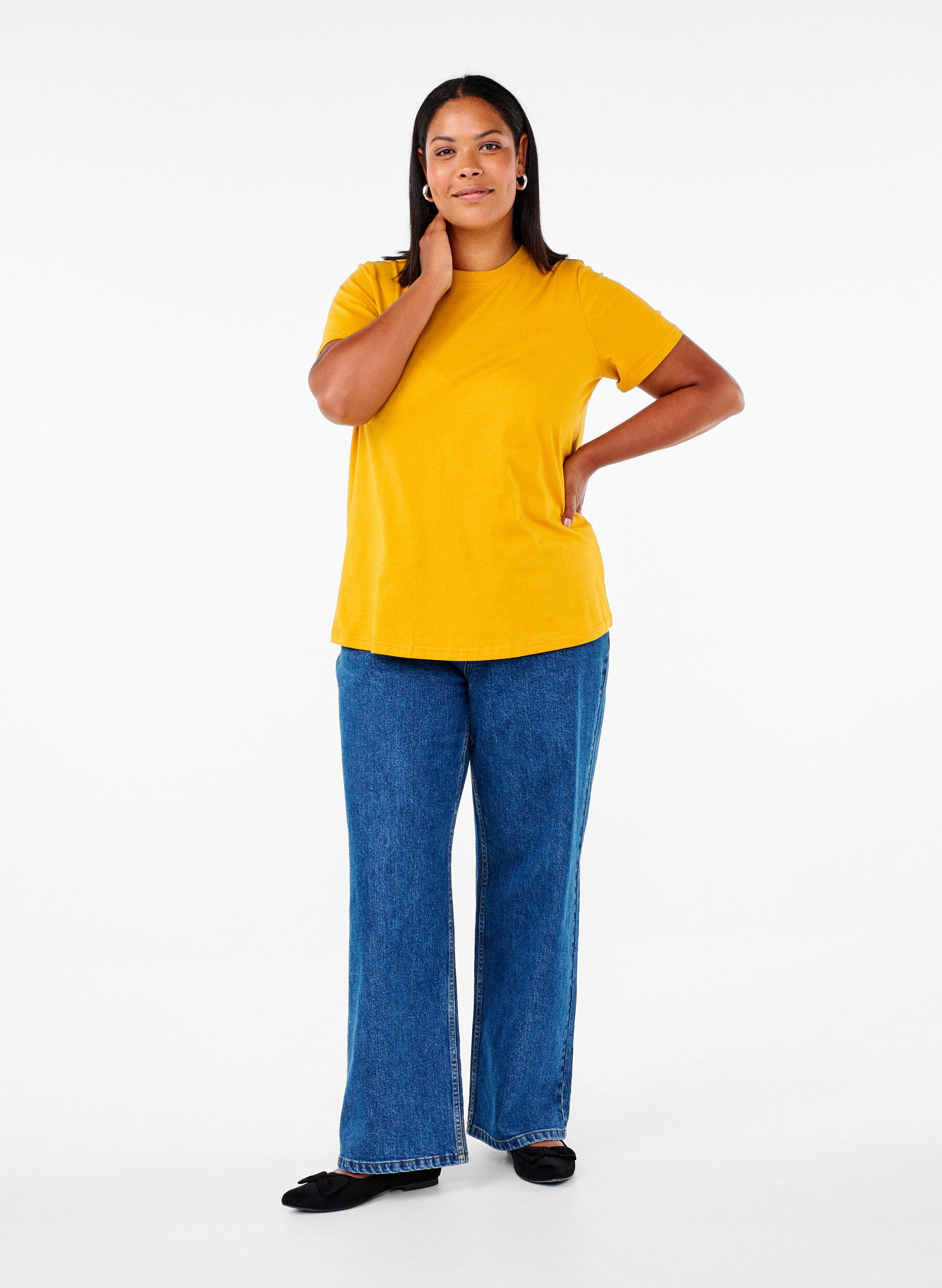 ZizzifashionBasic cotton T-shirt with round neck, Yellow, Model image number 1