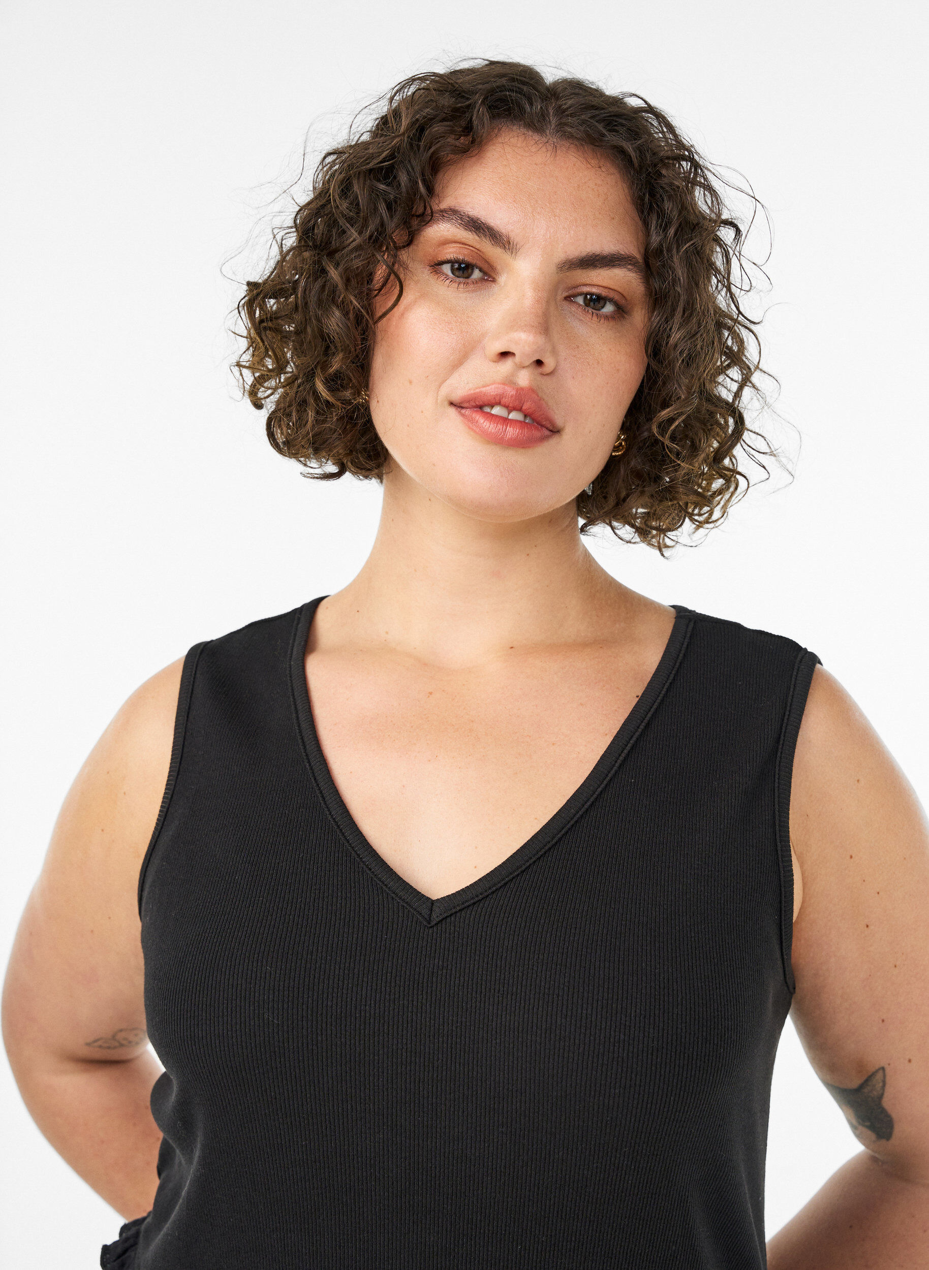 ZizzifashionSleeveless cotton midi dress with rib and muslin, Black, Model image number 2