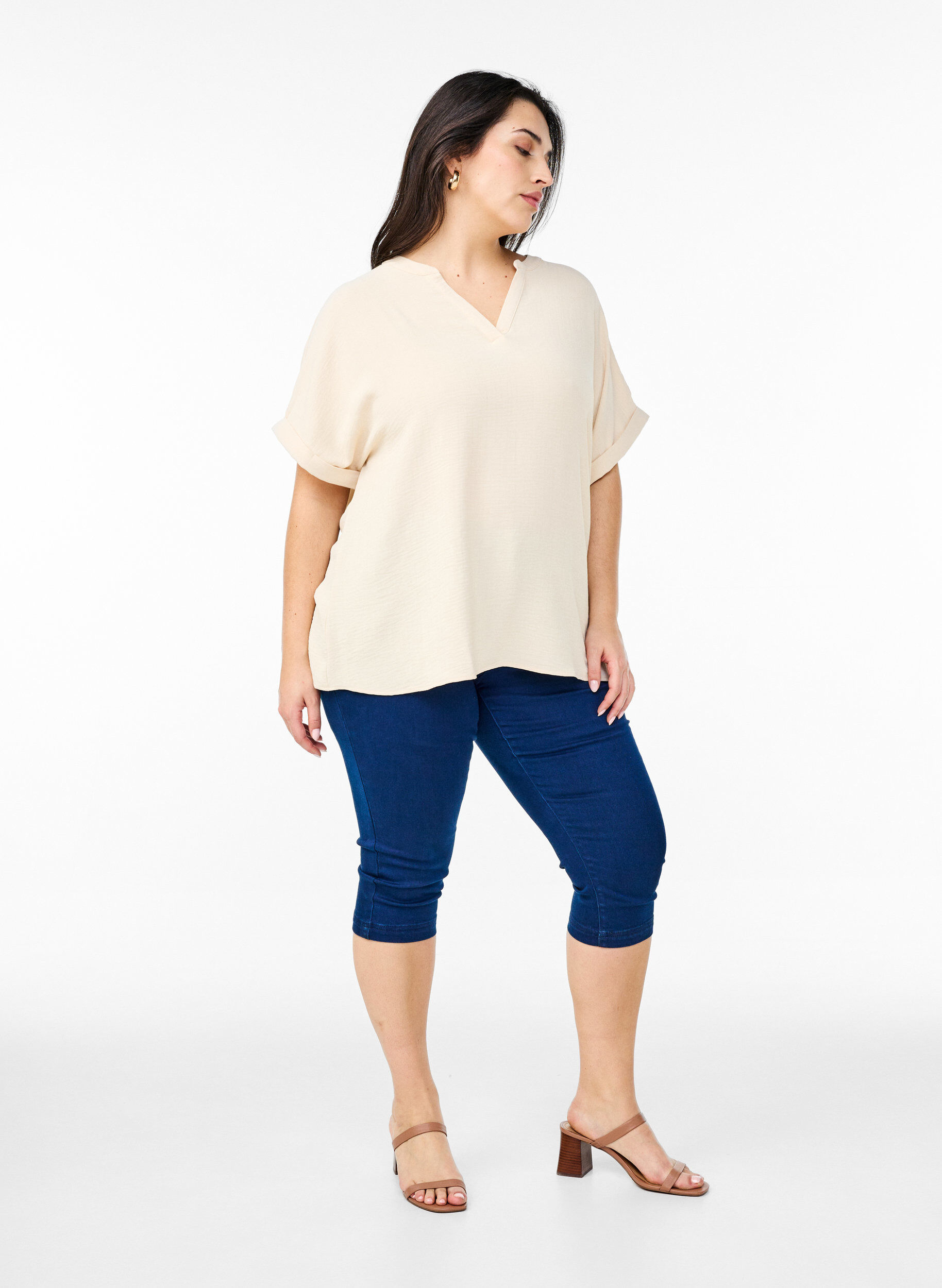 ZizzifashionLoose blouse with short sleeves, Beige, Model image number 1