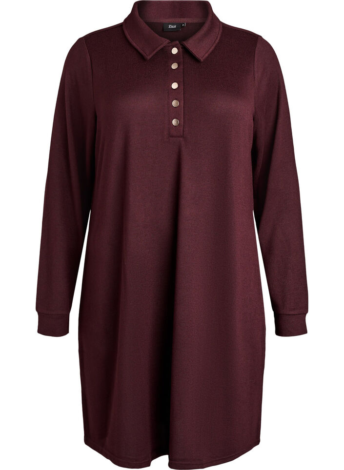 Short polo dress with buttons and long sleeves, Dark Bordeaux, Packshot image number 0