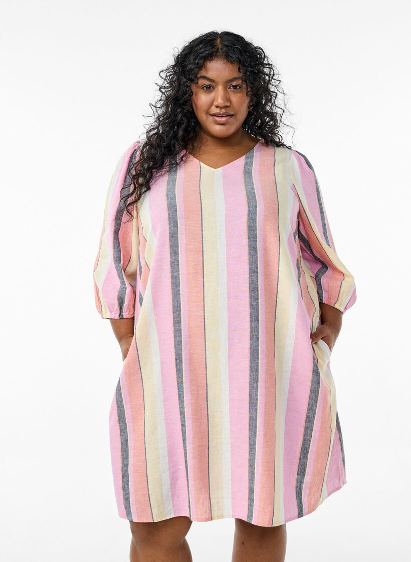 Short dress in linen and viscose with 3/4 sleeves, Yellow, Model image number 0