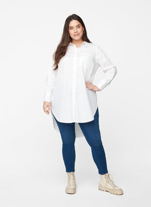 Long cotton shirt with chest pockets, White, Model image number 2