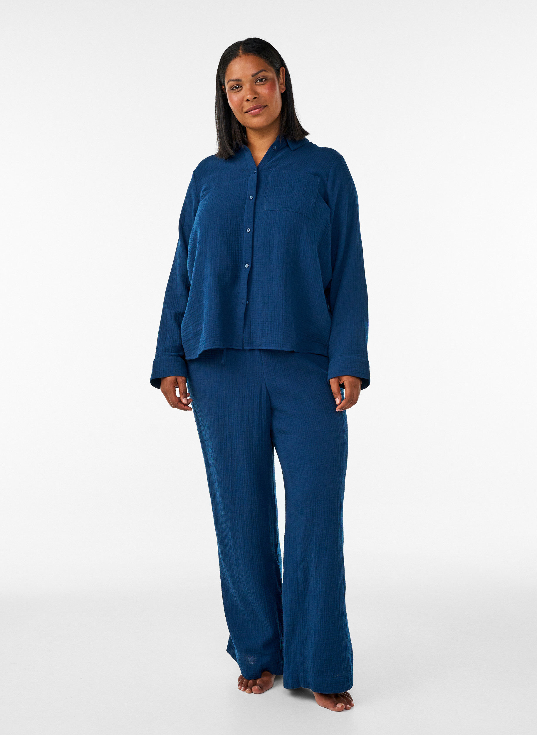 ZizzifashionCotton muslin nightshirt with long sleeves, Blue, Model image number 1
