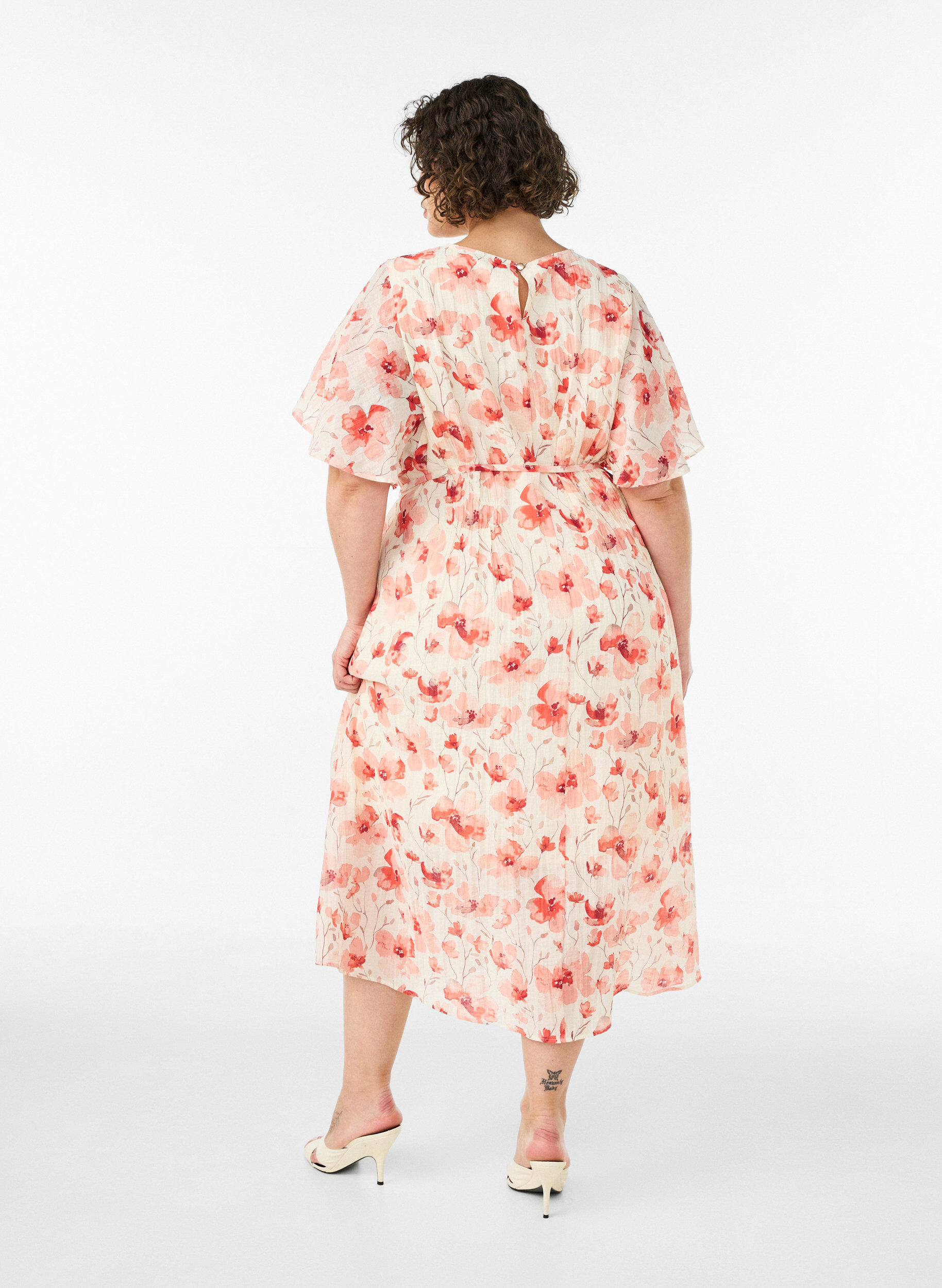 ZizzifashionAnkle-length dress with flutter sleeves and a tie-waist, Rose, Model image number 1