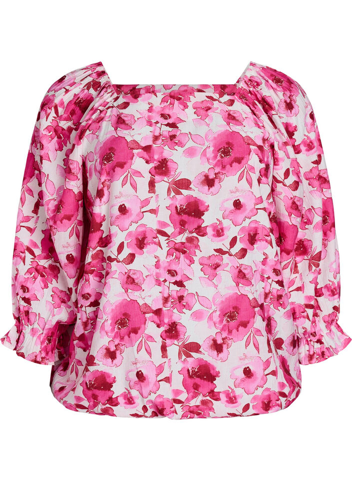 Viscose blouse with a square neck and 3/4-sleeves, Pink, Packshot image number 0
